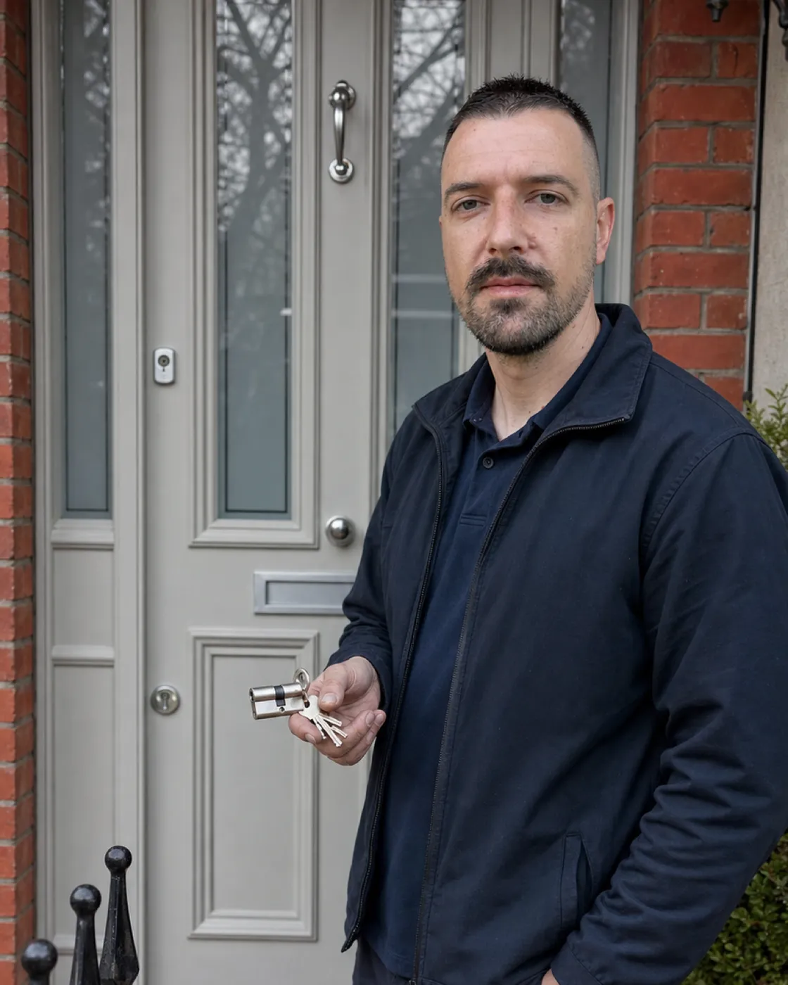 George, the DBS-checked locksmith who turns up, holding a cylinder and keys at a front door