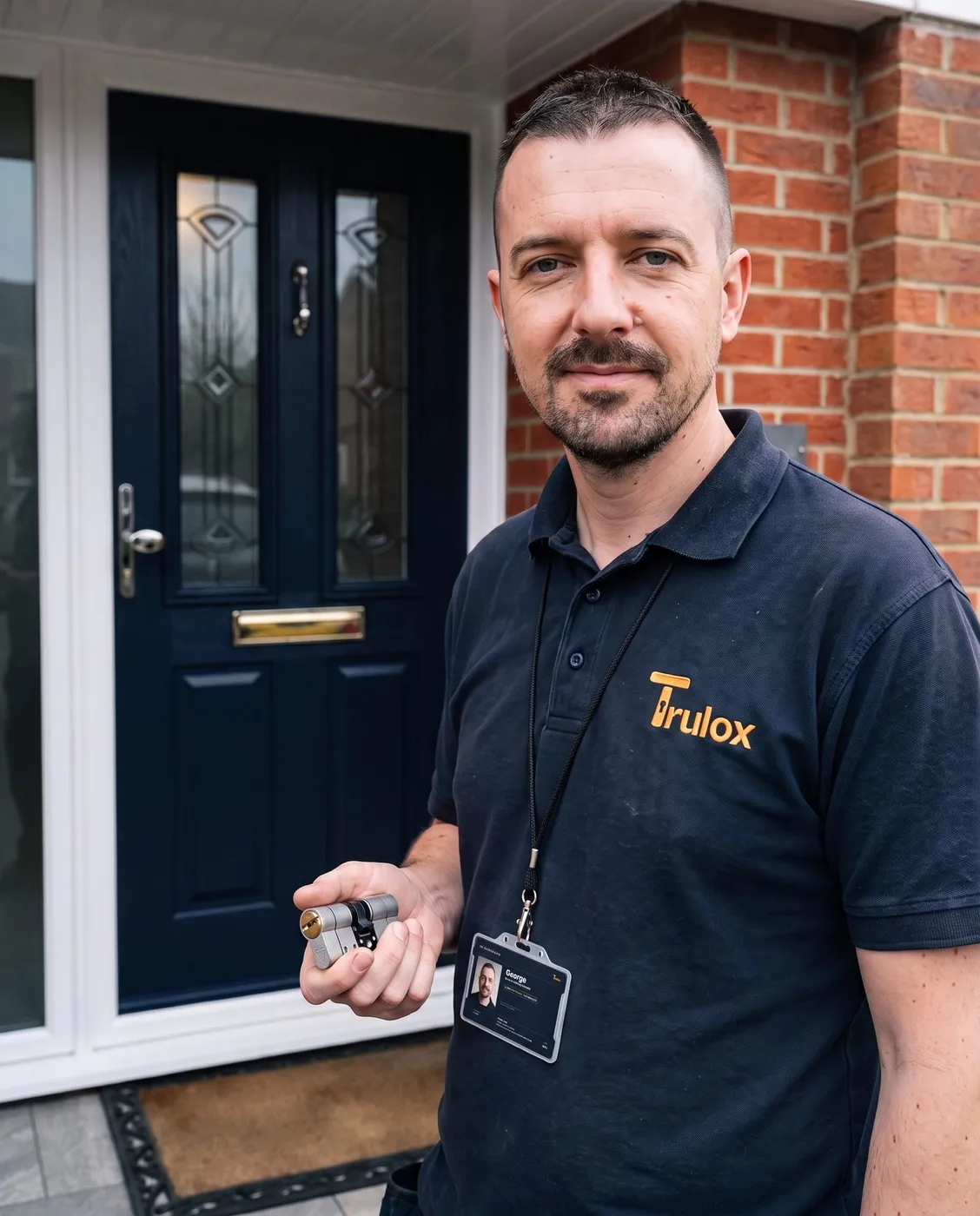 George in Trulox-branded uniform outside a navy front door, ID card on his lanyard